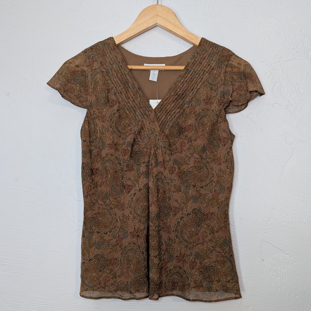 Brown Silk Paisley V-Neck Flutter Sleeve Blouse Deadstock Fairy Romantic Dainty